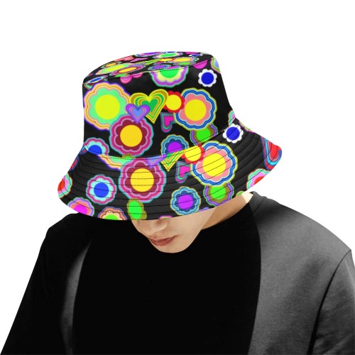 Groovy Hearts and Flowers Black All Over Print Bucket Hat for Men