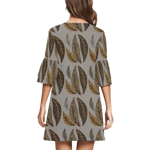 Cool Repeated Leaves Design Half Sleeves V-Neck Mini Dress (Model D63)