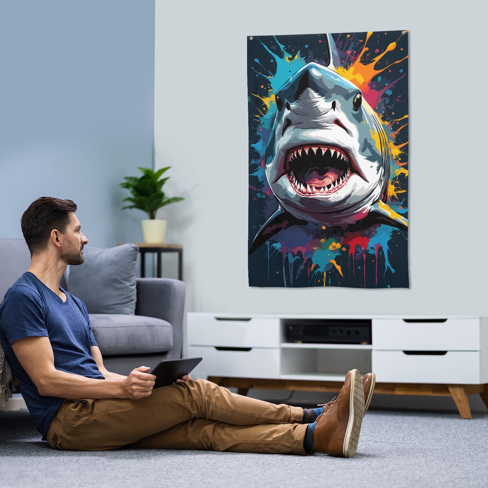 Aggressive shark. Cute, chic colorful fantasy art House Flag 34.5"x56"