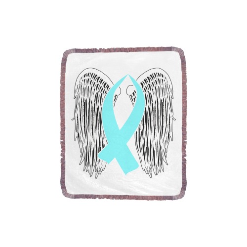 Winged Awareness Ribbon (Light Blue) Ultra-Soft Fringe Blanket 30"x40" (Mixed Pink)