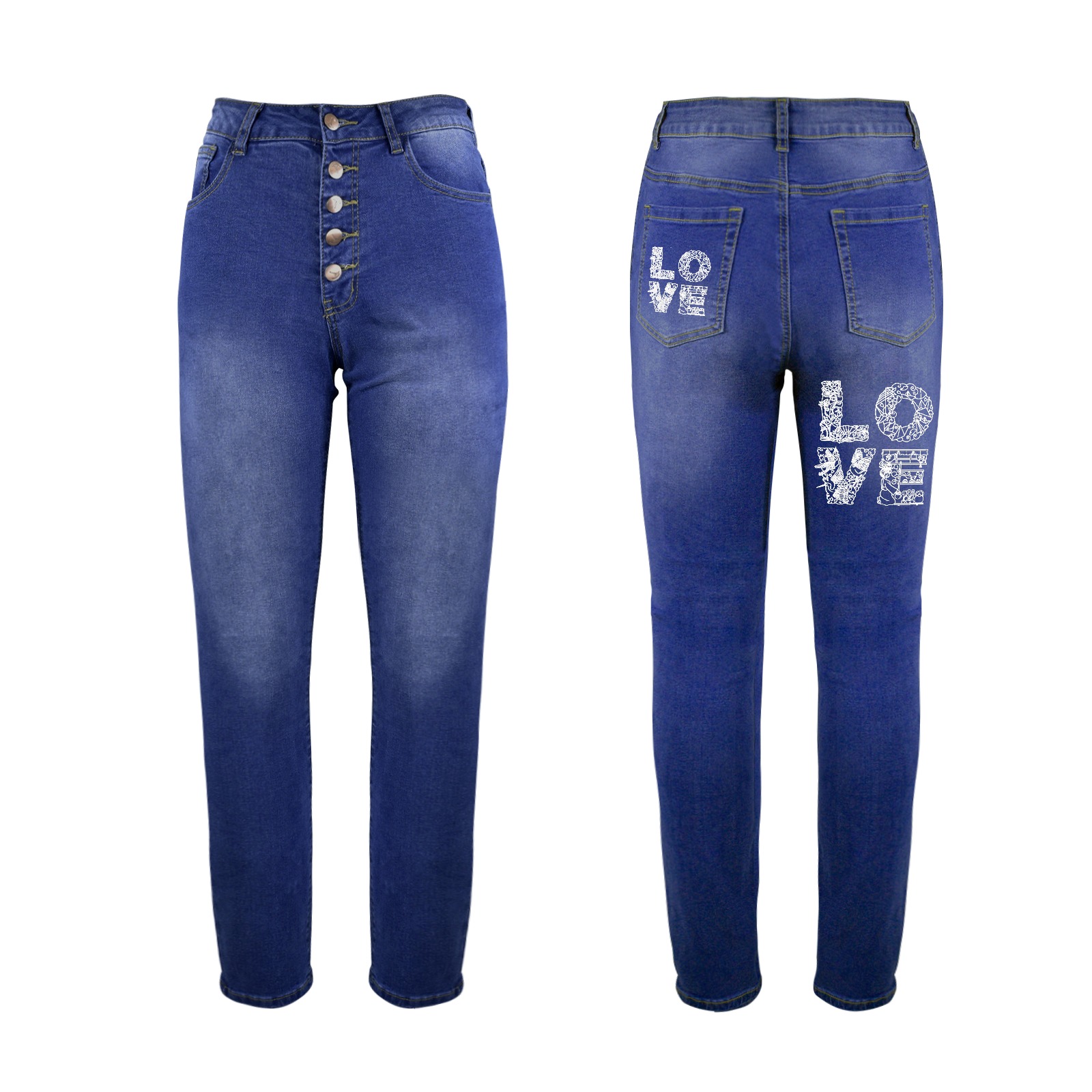 White word LOVE in Japanese-styled decorative font Women's Jeans (Back Printing)