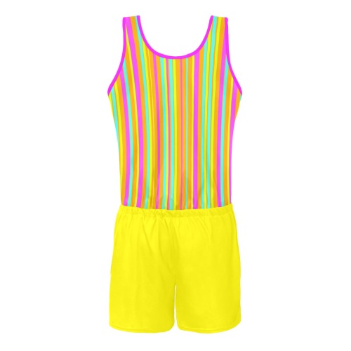 Neon Stripes  Tangerine Turquoise Yellow Pink All Over Print Vest Short Jumpsuit