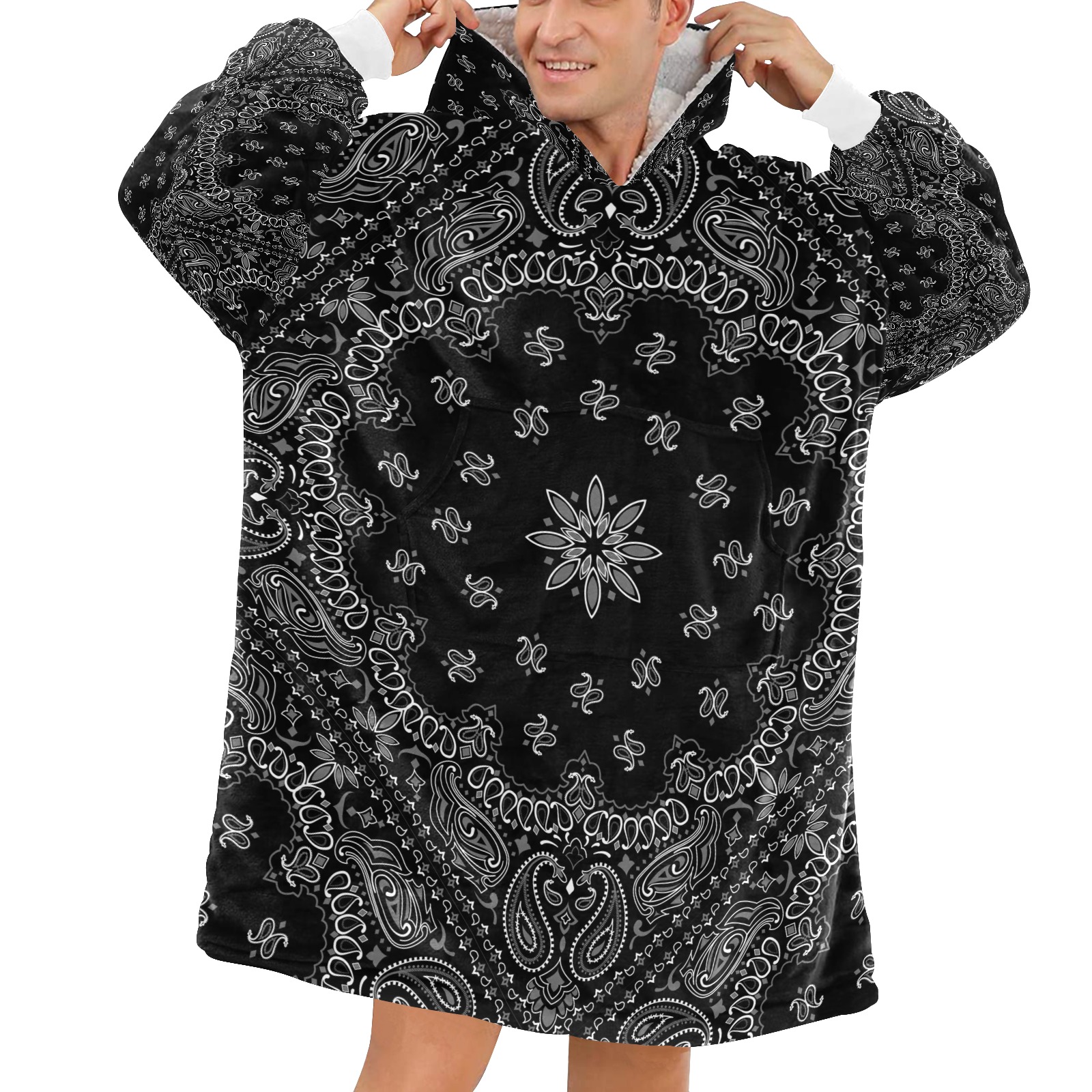 Black Bandanna Pattern / White Cuff Blanket Hoodie for Men