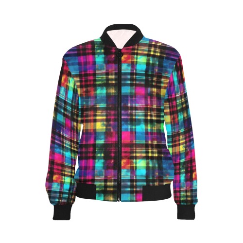 Rainbow Tri Color Grunge Plaid All Over Print Bomber Jacket for Women (Model H36)