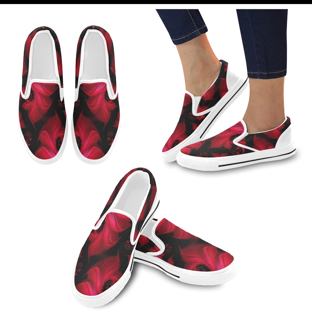 Black and Red Fiery Whirlpools Fractal Abstract Women's Slip-on Canvas Shoes (Model 019)