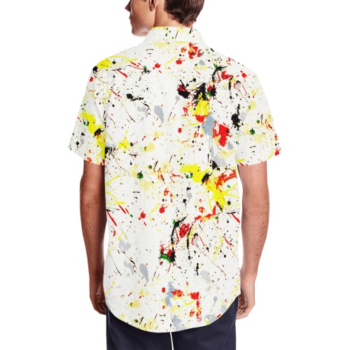 Yellow, Red, Black Paint Splatter Men's Short Sleeve Shirt with Lapel Collar (Model T54)