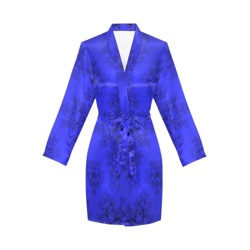 Midnight Blue Gardens Frost Fractal Women's Long Sleeve Belted Night Robe