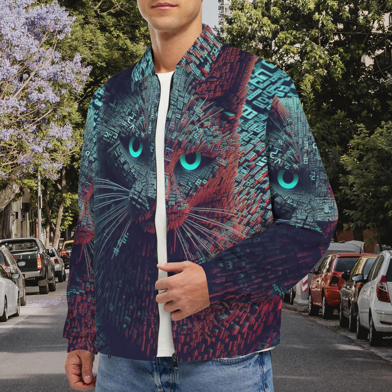 3D cat Men's Turn-Down Collar Jacket (Model H68)