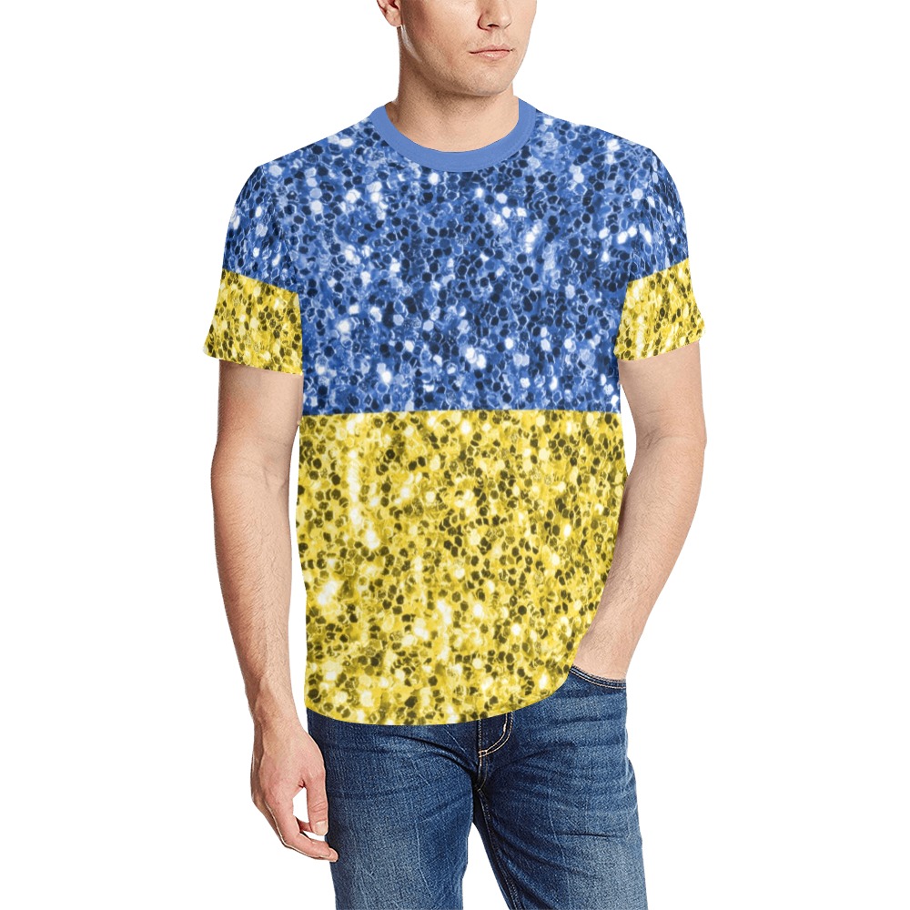 Blue yellow Ukraine flag glitter faux sparkles Men's All Over Print T-Shirt (Solid Color Neck) (Model T63)