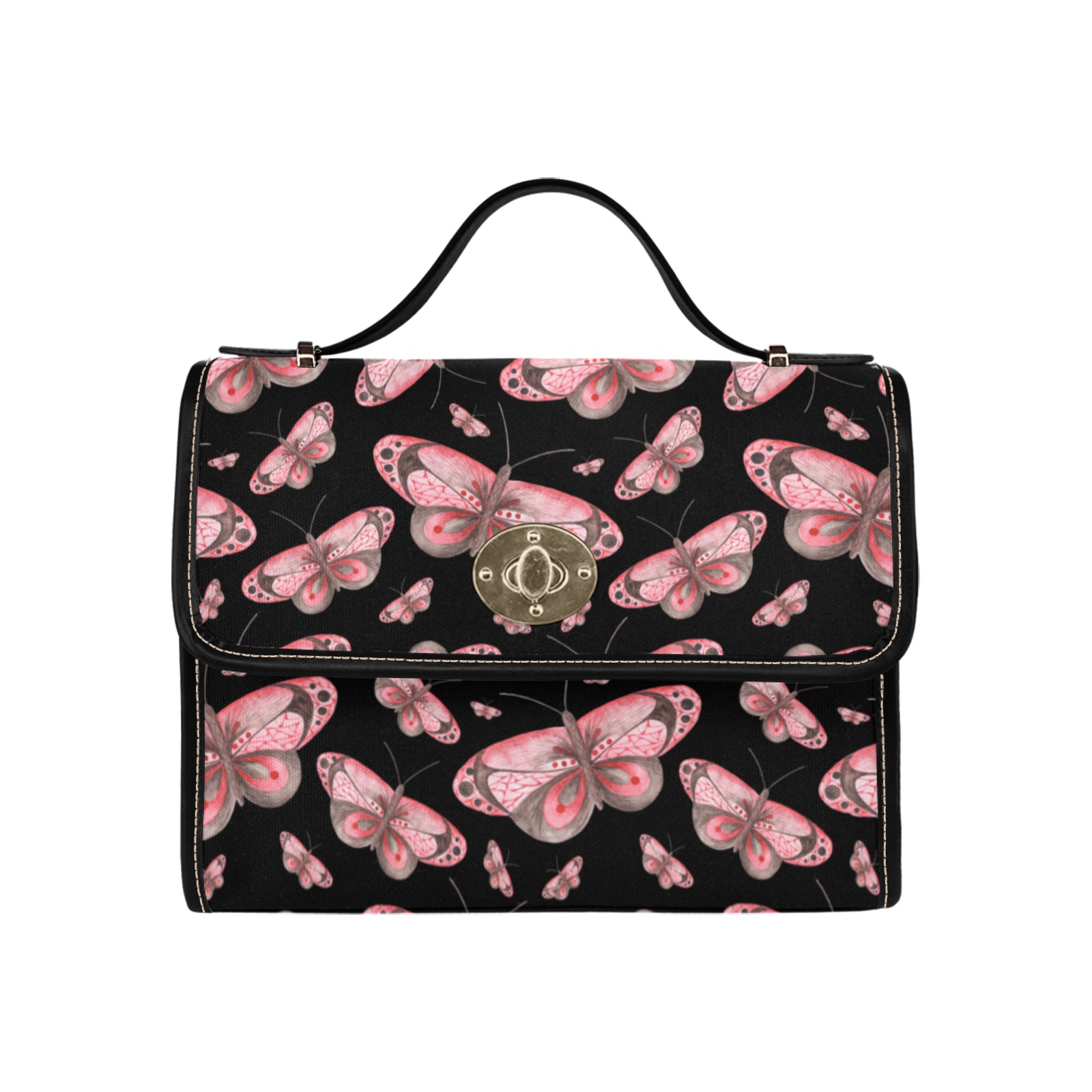 Pink-Butterflies Waterproof Canvas Bag-Black (All Over Print) (Model 1641)