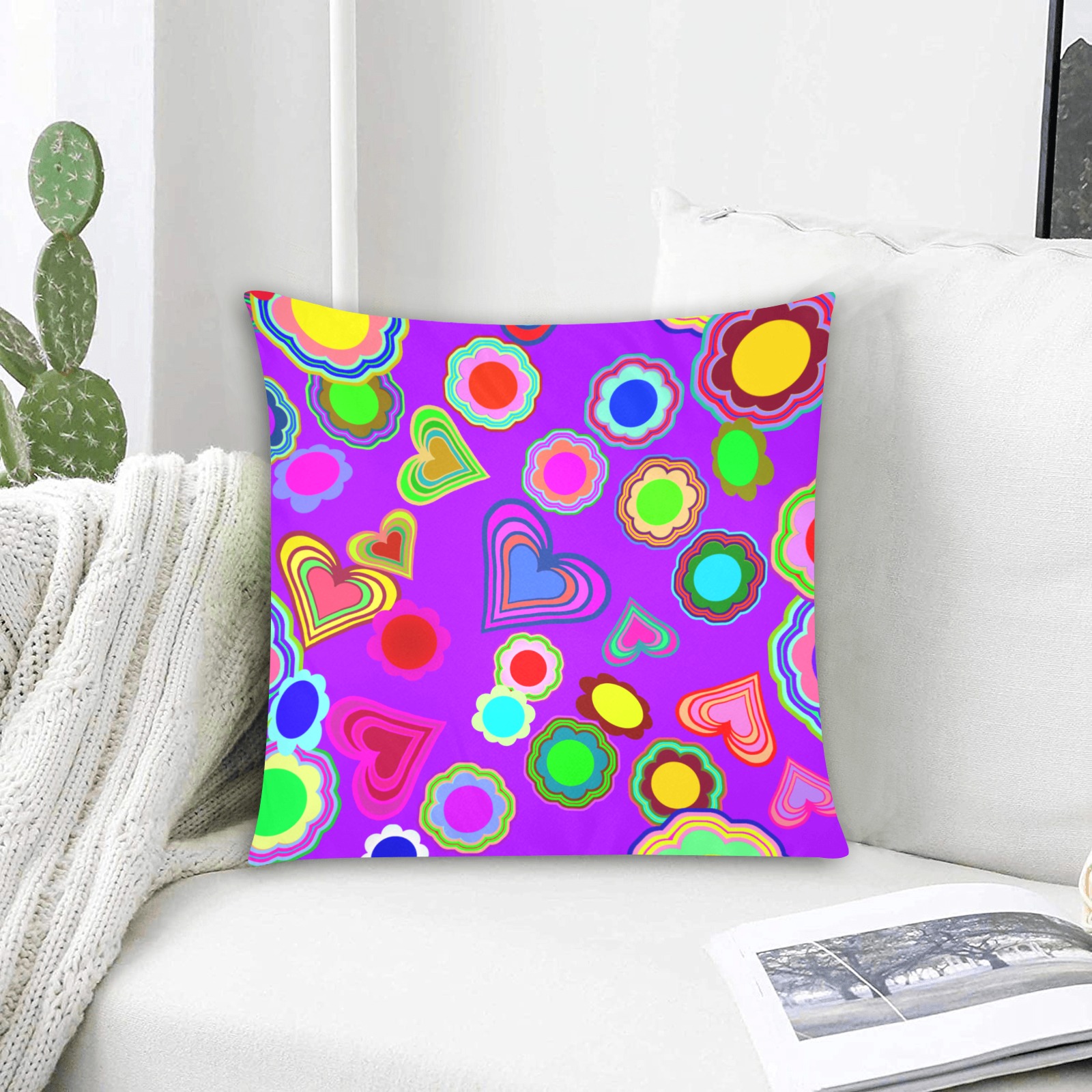 Groovy Hearts and Flowers Purple Custom Zippered Pillow Cases 16"x16" (Two Sides)