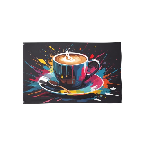 A cup of hot steaming coffee and colors on black House Flag 56"x34.5"