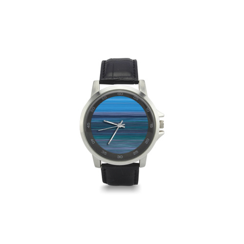 Abstract Blue Horizontal Stripes Unisex Stainless Steel Leather Strap Watch(Model 202)