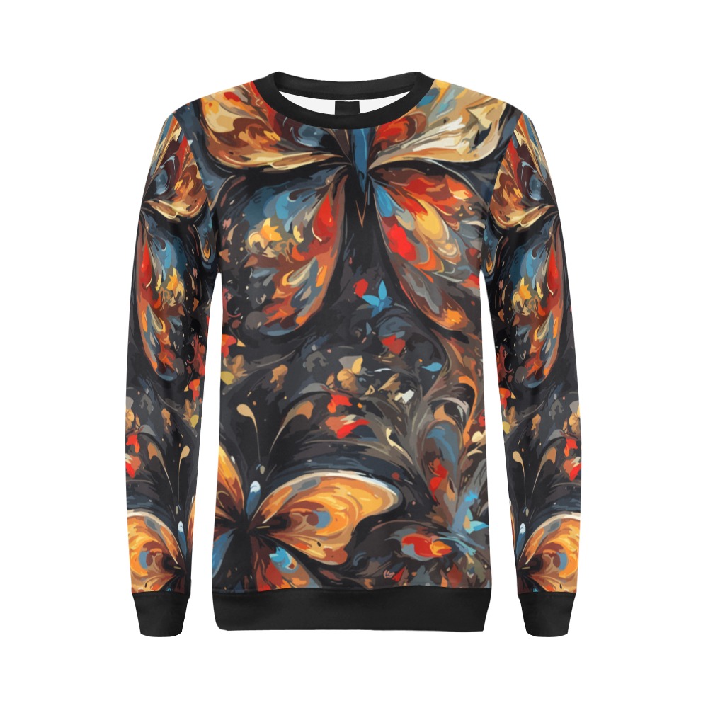 Yellow butterflies against the black background. All Over Print Crewneck Sweatshirt for Women (Model H18)