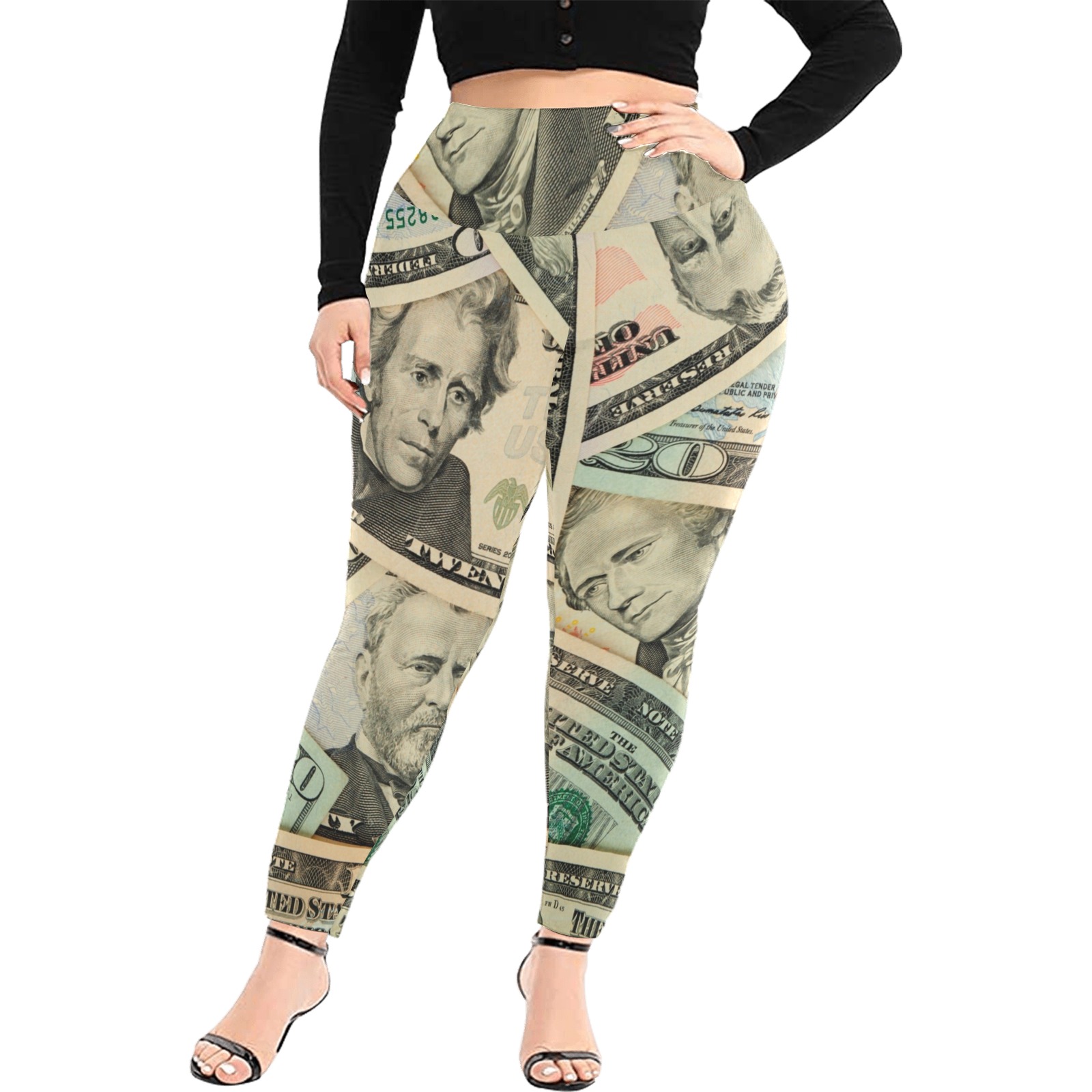 US PAPER CURRENCY Women's Extra Plus Size High Waist Leggings (Model L45)