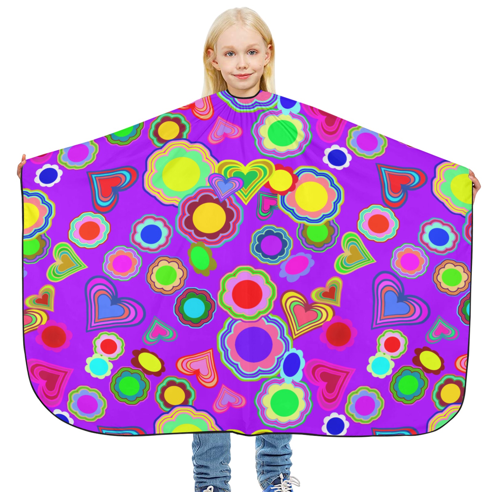 Groovy Hearts and Flowers Purple Hair Cutting Cape for Kids