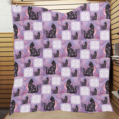 Purple Cosmic Cats Patchwork Pattern Quilt 60"x70"