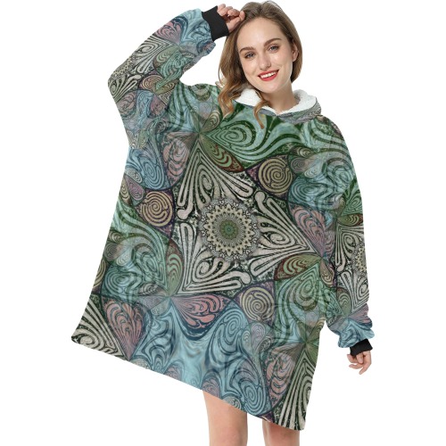 Labyrinth Mandala Blue Green Grey Blanket Hoodie for Women