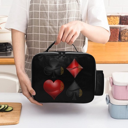 Black Red Playing Card Shapes / Black PU Leather Lunch Bag (Model 1723)