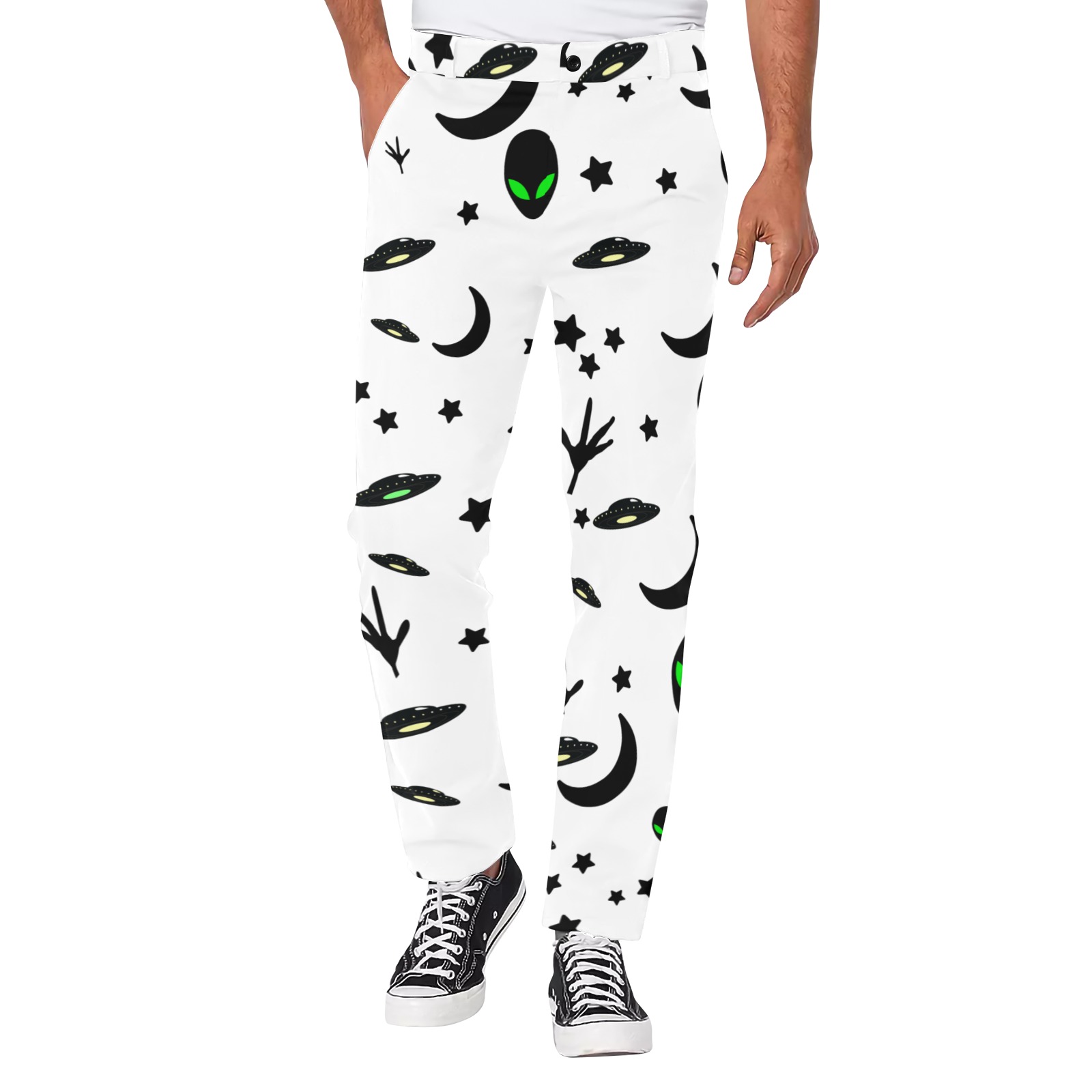 Aliens and Spaceships on White Men's All Over Print Casual Trousers (Model L68)