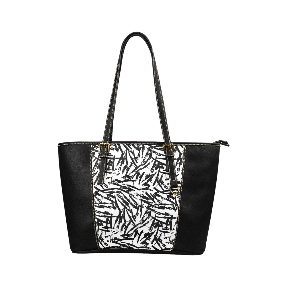 Brush Stroke Black and White Leather Tote Bag/Small (Model 1640)
