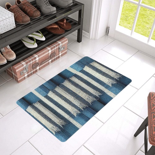 blue and white striped pattern 2 Doormat 24"x16" (Black Base)