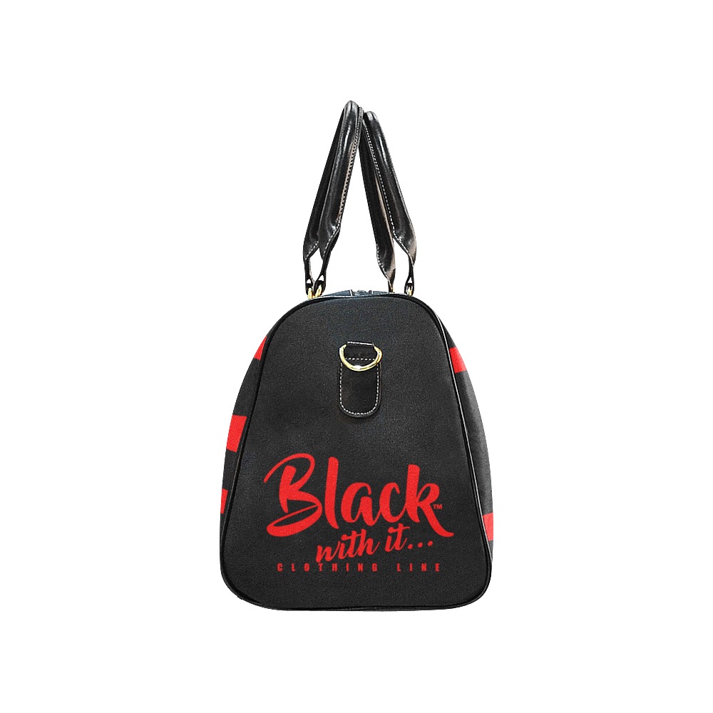 BWi Travel Bag: Black w/Red Font (Black Leather Strap) New Waterproof Travel Bag/Small (Model 1639)