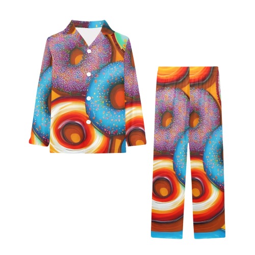 Colorful Donuts Orange Big Girls' V-Neck Long Pajama Set