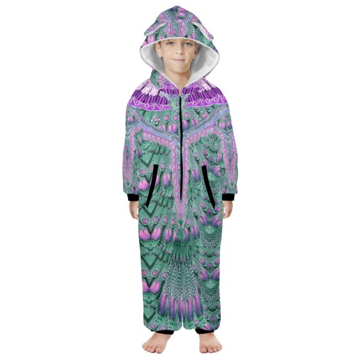 spain dark green One-Piece Zip Up Hooded Pajamas for Big Kids