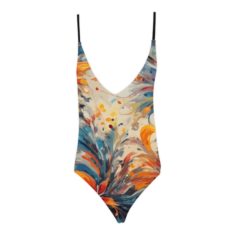 Abstract colorful flowers and whirlpool of colors. Sexy Lacing Backless One-Piece Swimsuit (Model S10)