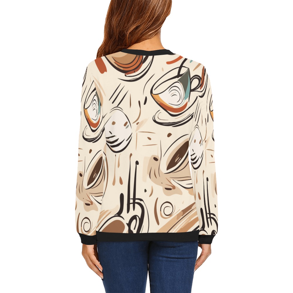 Coffee cups on a table stylish trendy art on beige All Over Print Crewneck Sweatshirt for Women (Model H18)
