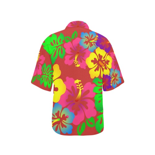 Hibiscus Hawaiian Flowers on Red All Over Print Hawaiian Shirt for Women (Model T58)