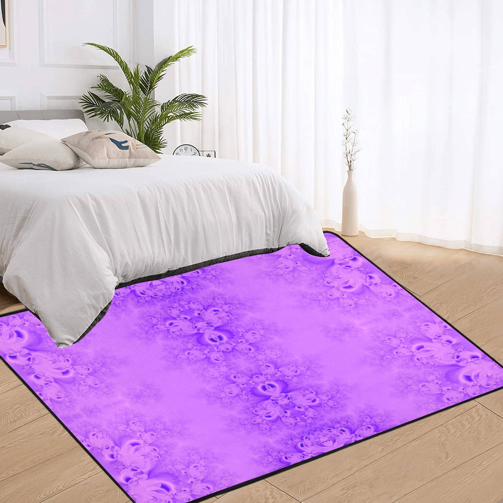 Purple Lilacs Frost Fractal Area Rug with Black Binding 7'x5'