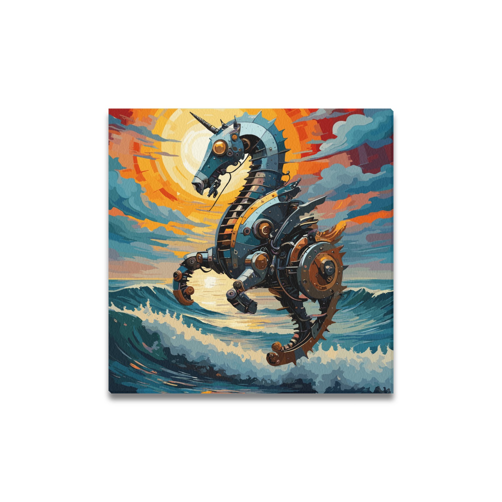 Beautiful mechanical unicorn seahorse at sea. Upgraded Canvas Print 16"x16"