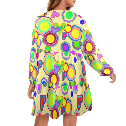 Groovy Hearts and Flowers Yellow V-Neck Loose Fit Dress (Model D66)