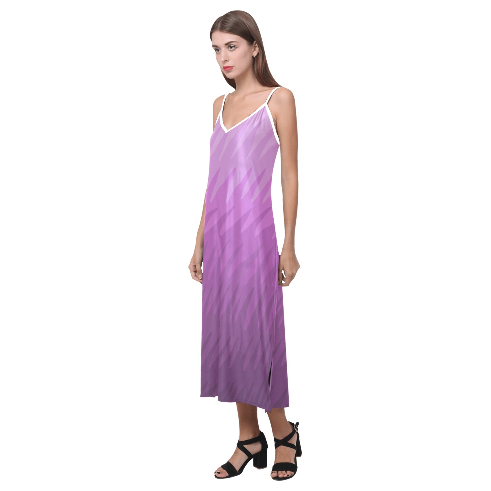 pink wavespike V-Neck Open Fork Long Dress(Model D18)