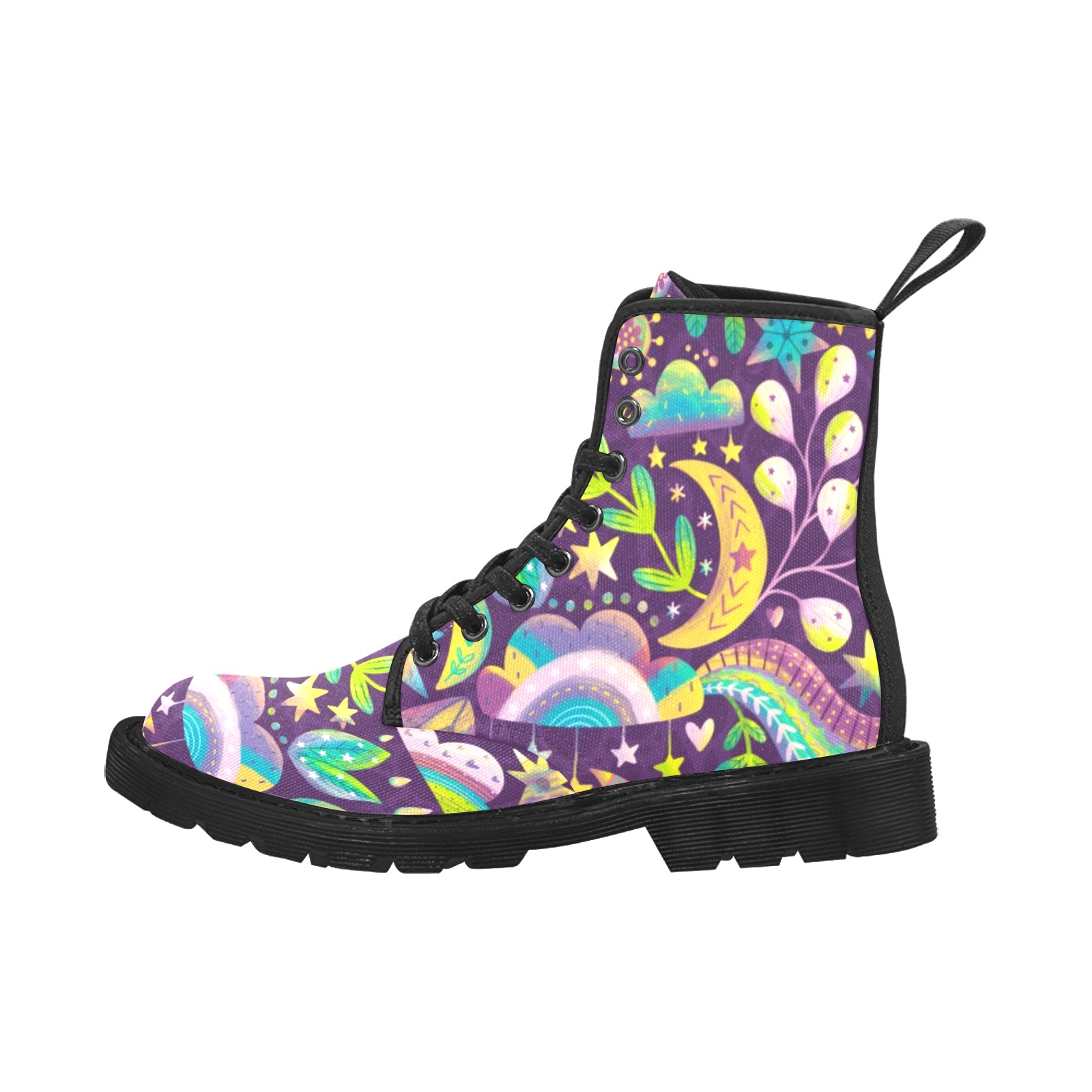 Purple Floral Night Martin Boots for Women (Black) (Model 1203H)