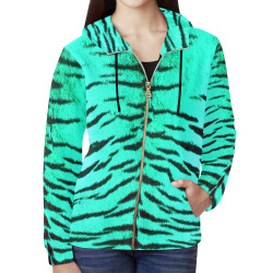Teal Tiger All Over Print Full Zip Hoodie for Women (Model H14)