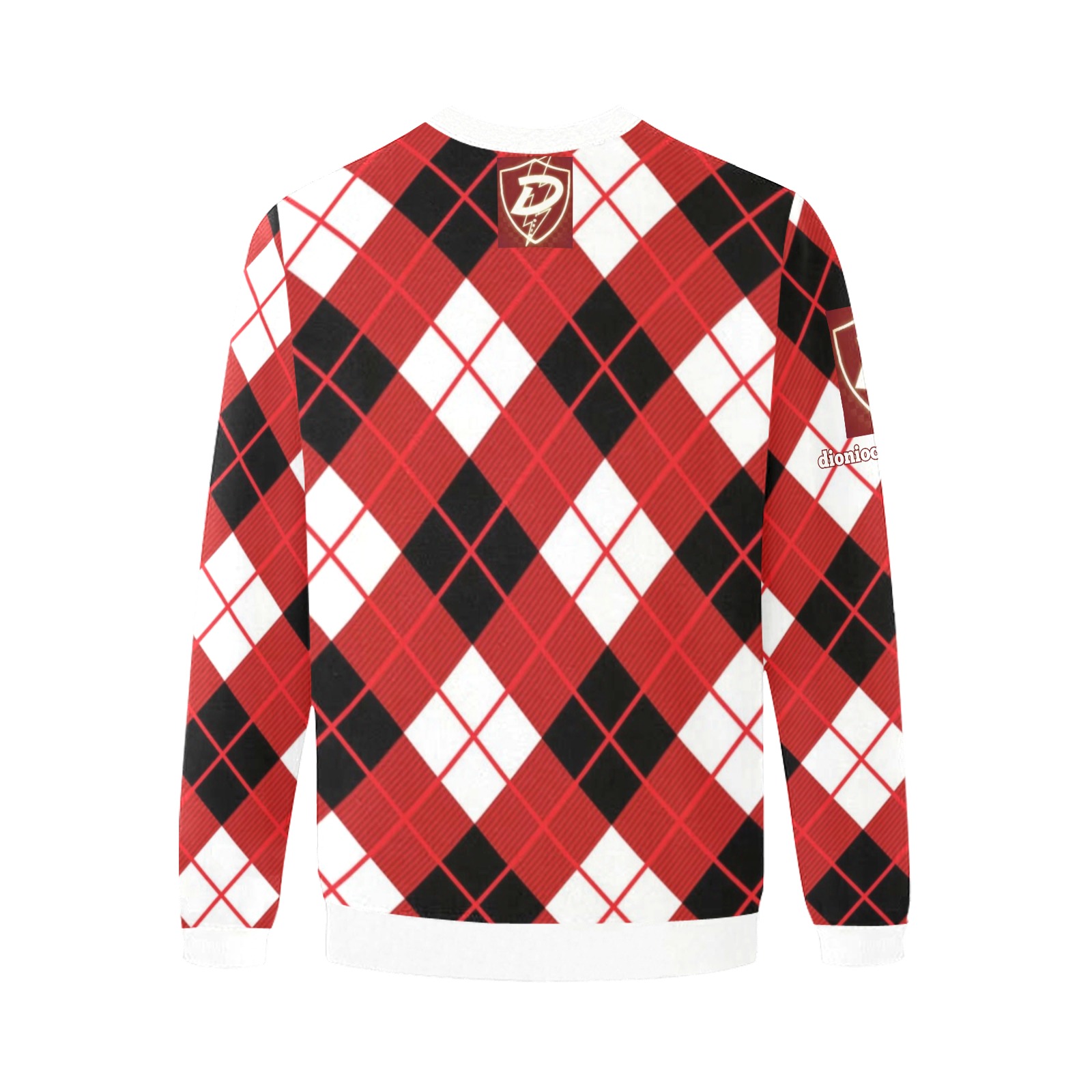 DIONIO Clothing - Argyle Red,Black & White Diamond Sweatshirt (Red D- Shield Logo) Men's Oversized Fleece Crew Sweatshirt (Model H18)