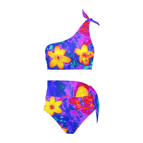 psychedelic flowers 4 High Waisted One Shoulder Bikini Set (Model S16)