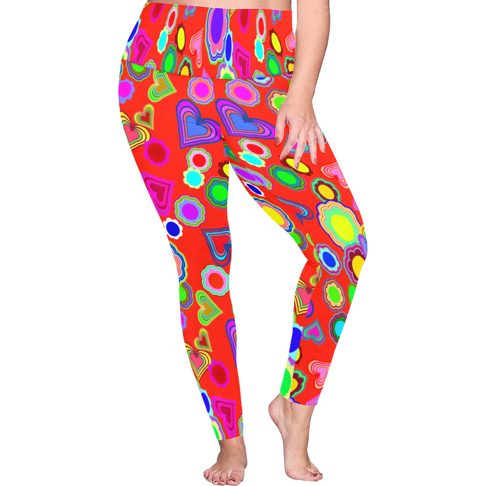 Groovy Hearts and Flowers Red Women's Plus Size High Waist Leggings (Model L44)
