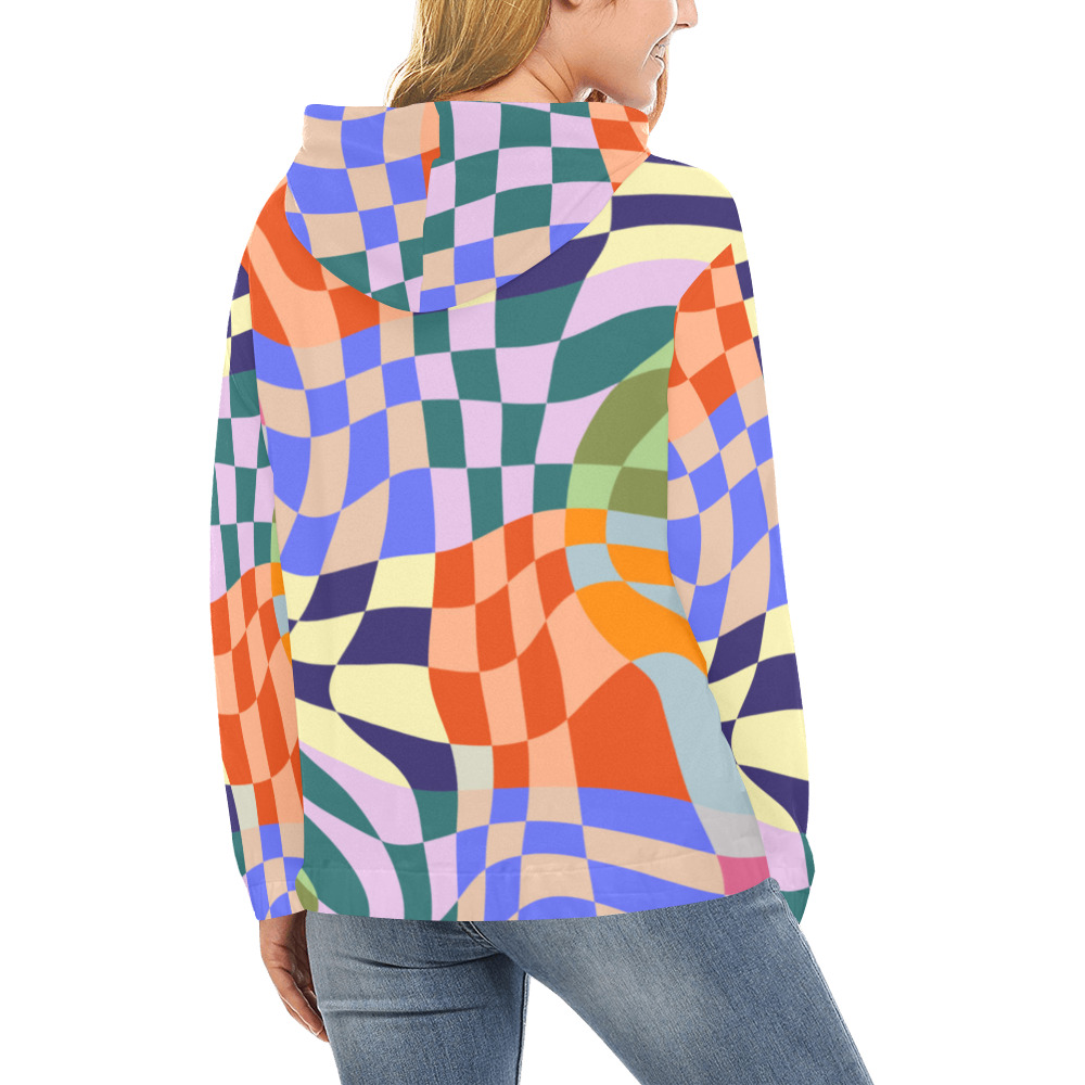 Wavy Groovy Geometric Checkered Retro Abstract Mosaic Pixels All Over Print Hoodie for Women (USA Size) (Model H13)
