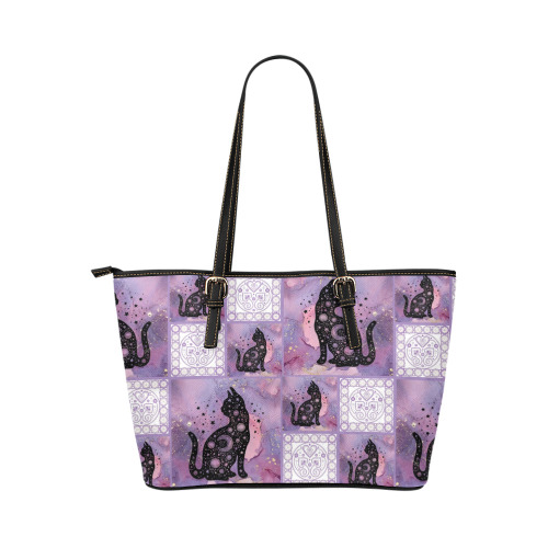 Purple Cosmic Cats Patchwork Pattern Leather Tote Bag/Large (Model 1651)