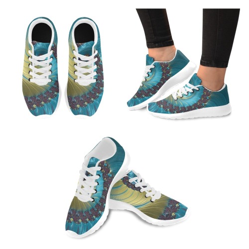 Turquoise and Gold Spiral Fractal Abstract Kid's Running Shoes (Model 020)