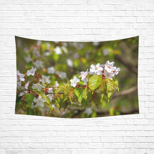 A row of sakura cherry flowers on a tree in spring Polyester Peach Skin Wall Tapestry 90"x 60"