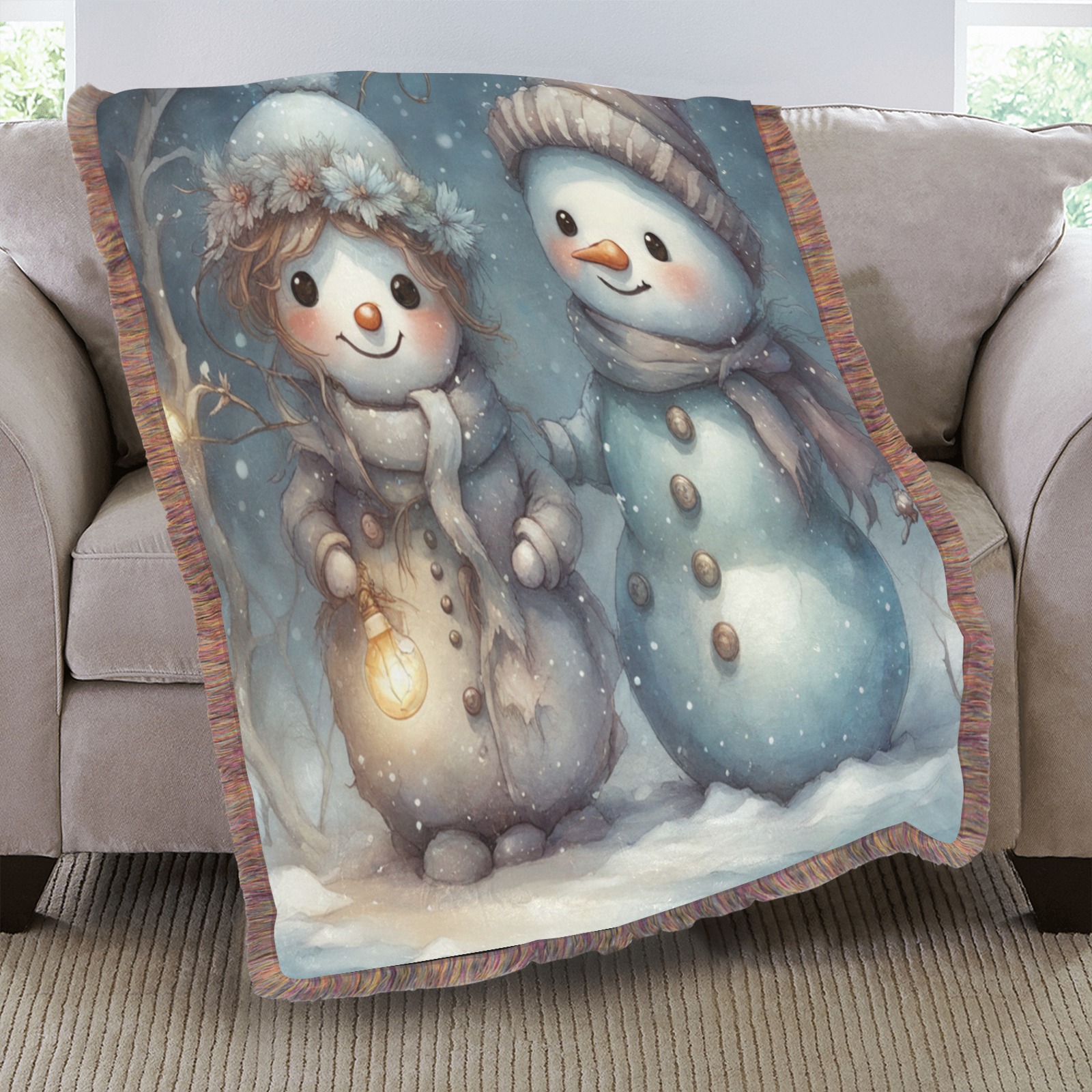 Snowman Couple Ultra-Soft Fringe Blanket 30"x40" (Mixed Green)