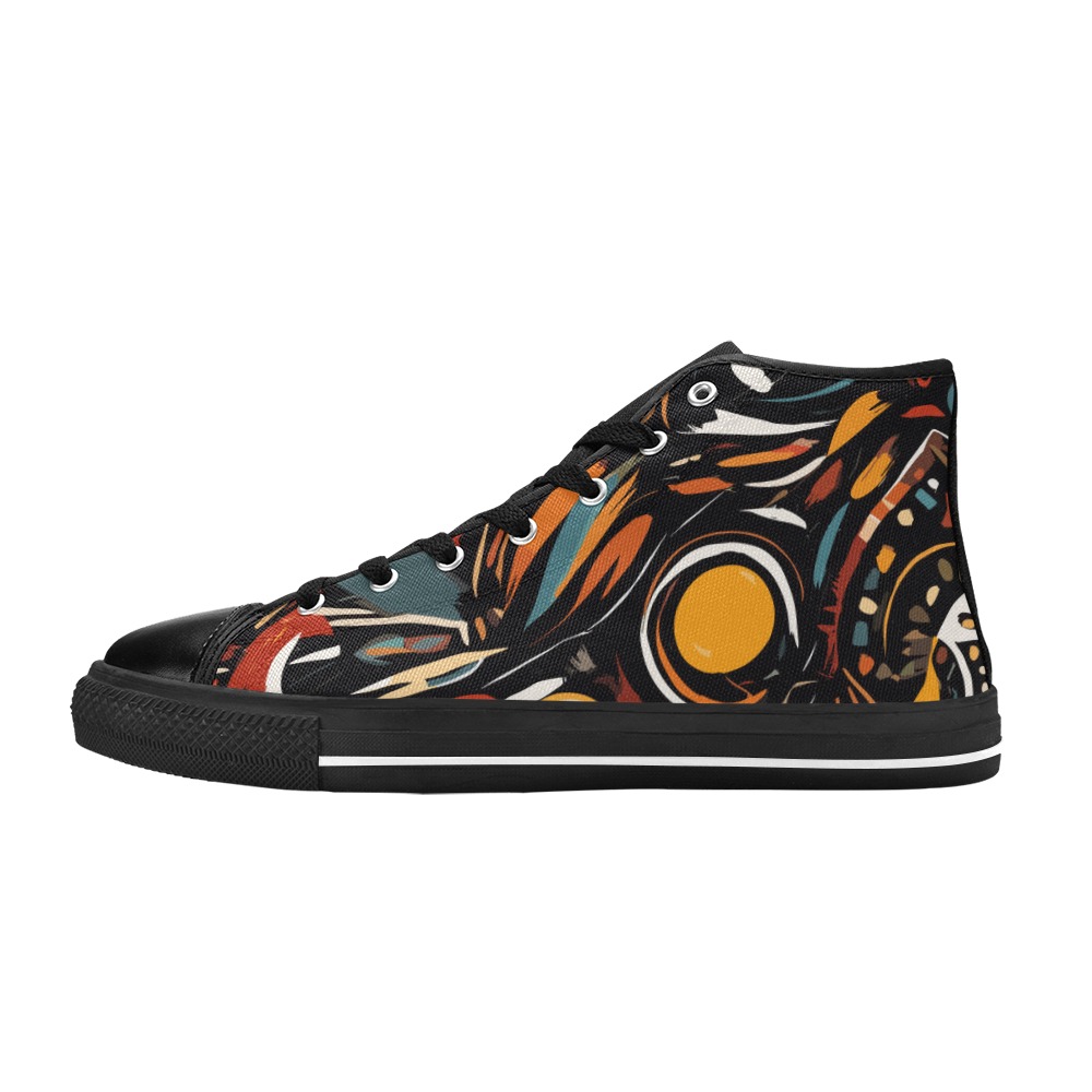 Tribal pattern of colorful shapes on black. Men’s Classic High Top Canvas Shoes (Model 017)