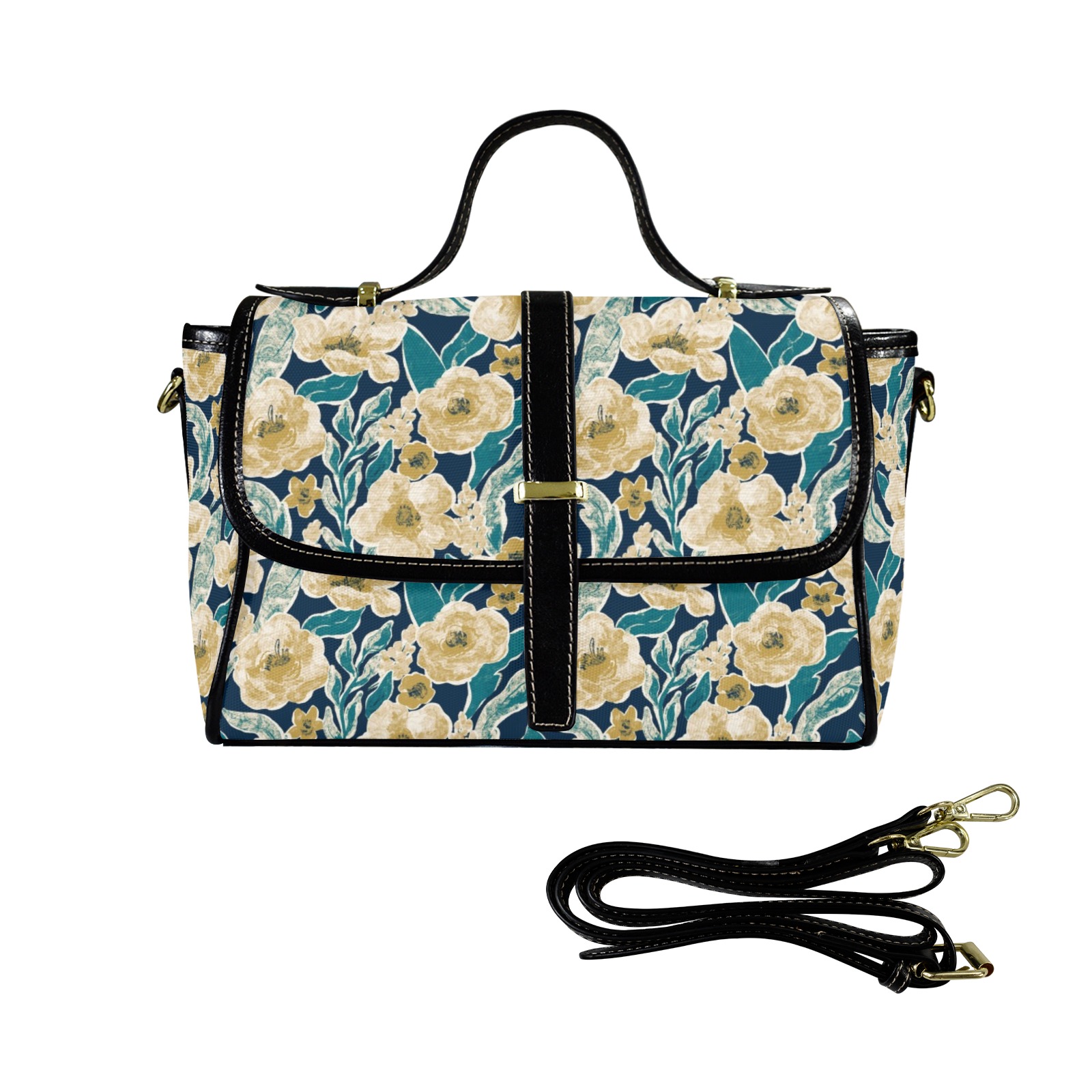 Painted Flowers Multi-Function Satchel-Black (Model 1740)