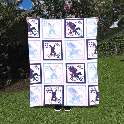 Bunny and Pegasus Together in Blue Patchwork Design Quilt 40"x50"