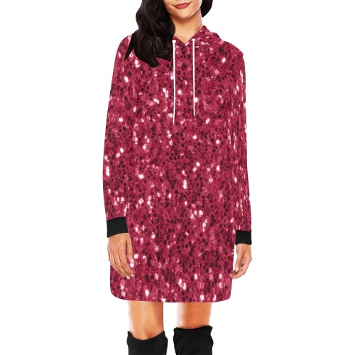 Magenta dark pink red faux sparkles glitter All Over Print Hoodie Mini Dress (Model H27)